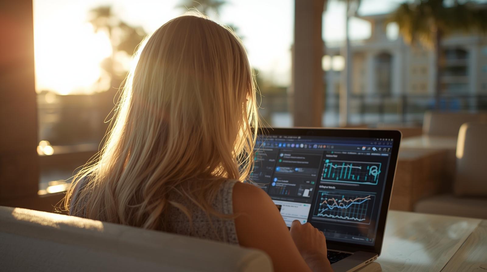 AI dashboard on laptop in Florida sunset