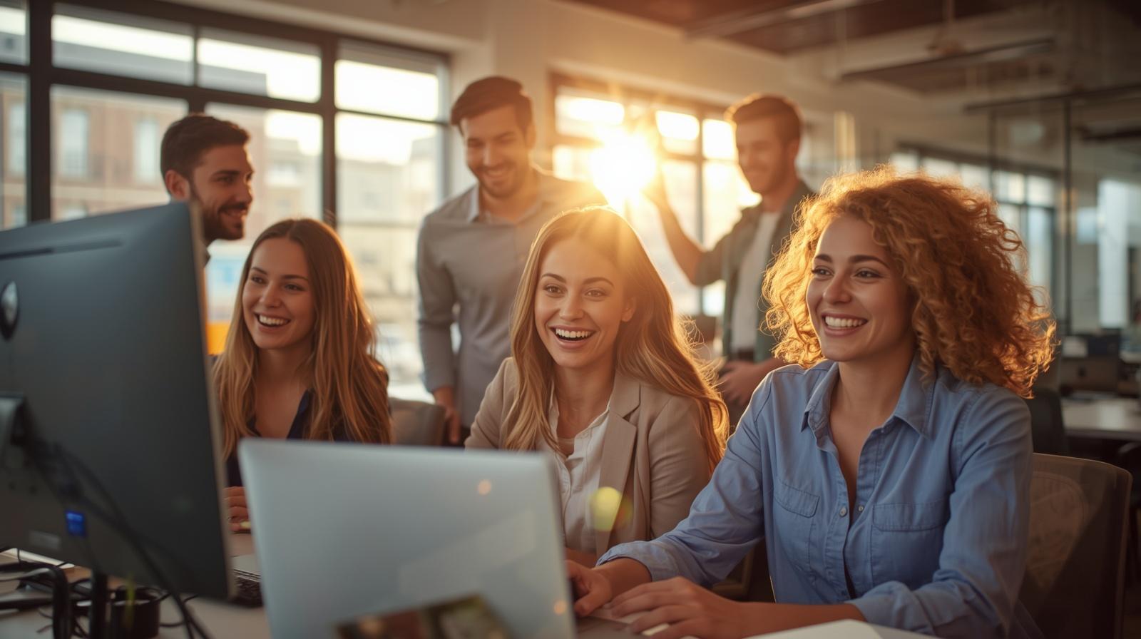 Business team working with AI tools — smiling and collaborating